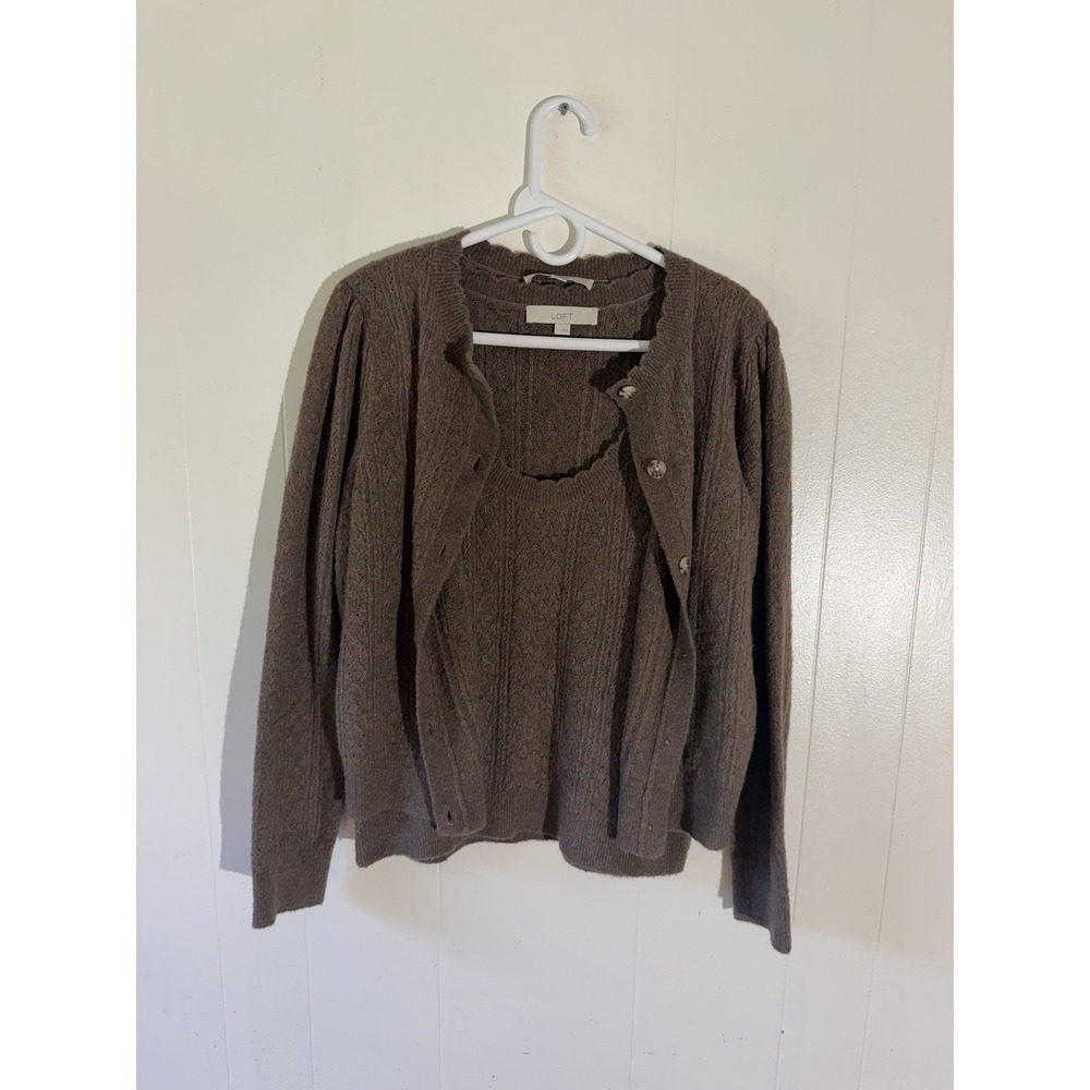 LOFT Women's 2-Piece Brown Knit Cardigan & Sweater Vest Set L Button Crew